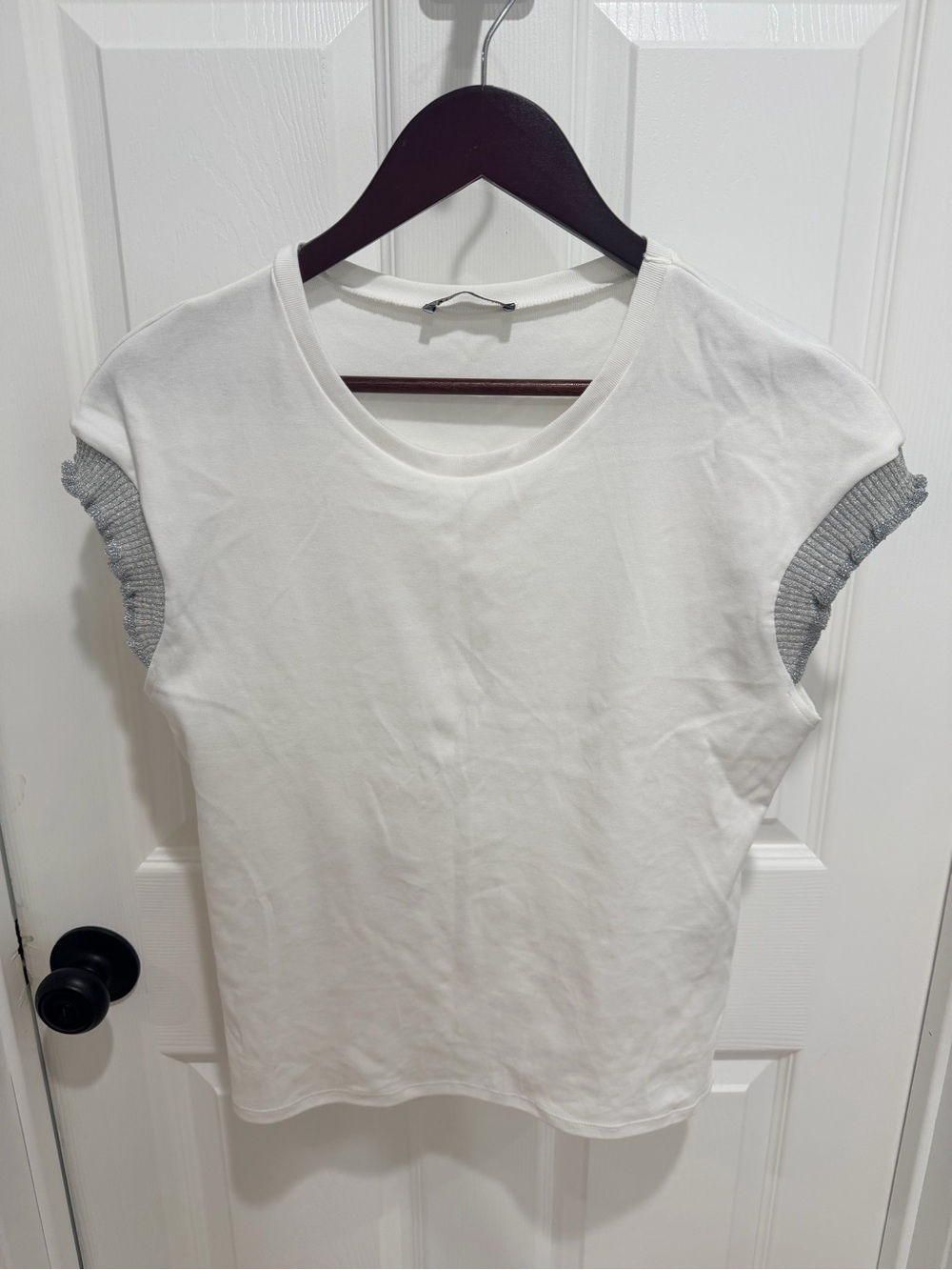 Zara White Tee with Gray Ribbed Sleeve Accents